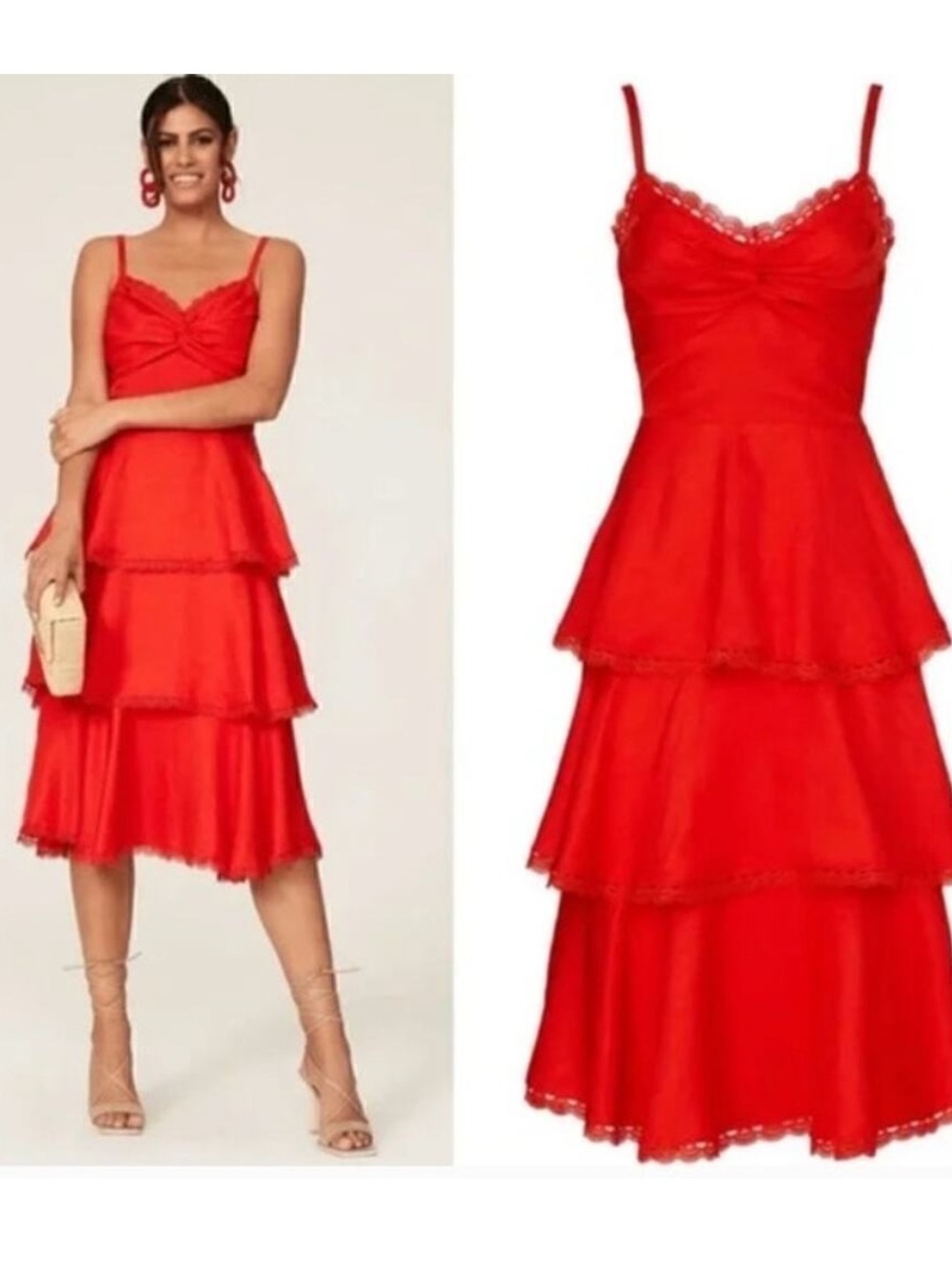 Marchesa Notte Red Tiered Midi Dress, Size: 12